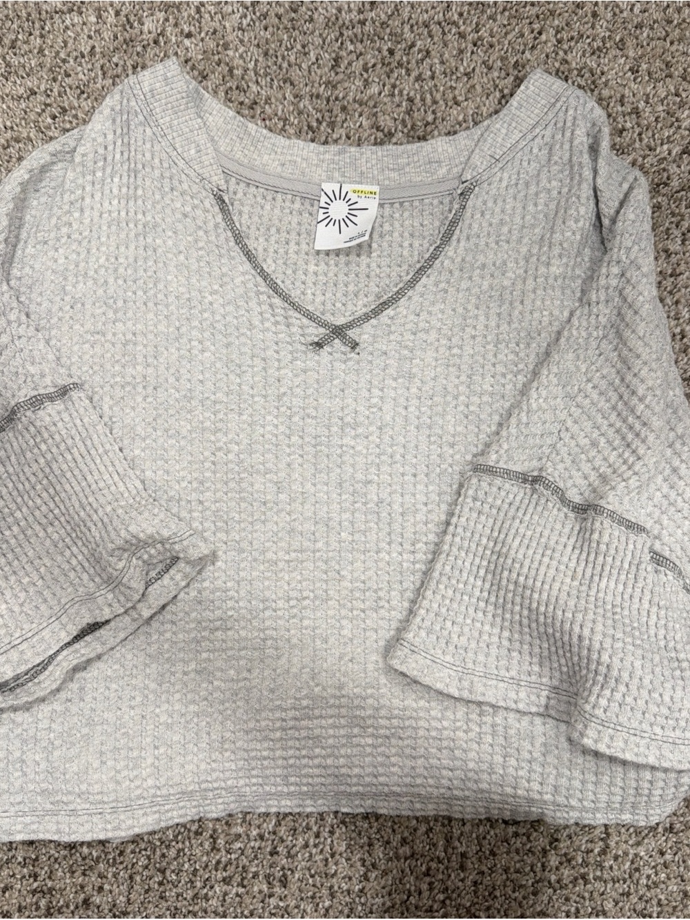 aerie Light Gray Waffle Knit Scoop Neck Pullover